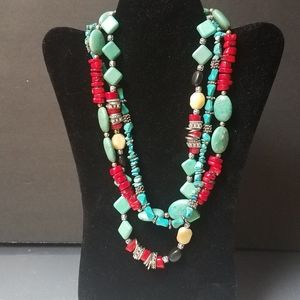 Cowgirl dreams 3 strand necklace turq coral silver Western up tempo ranch Style